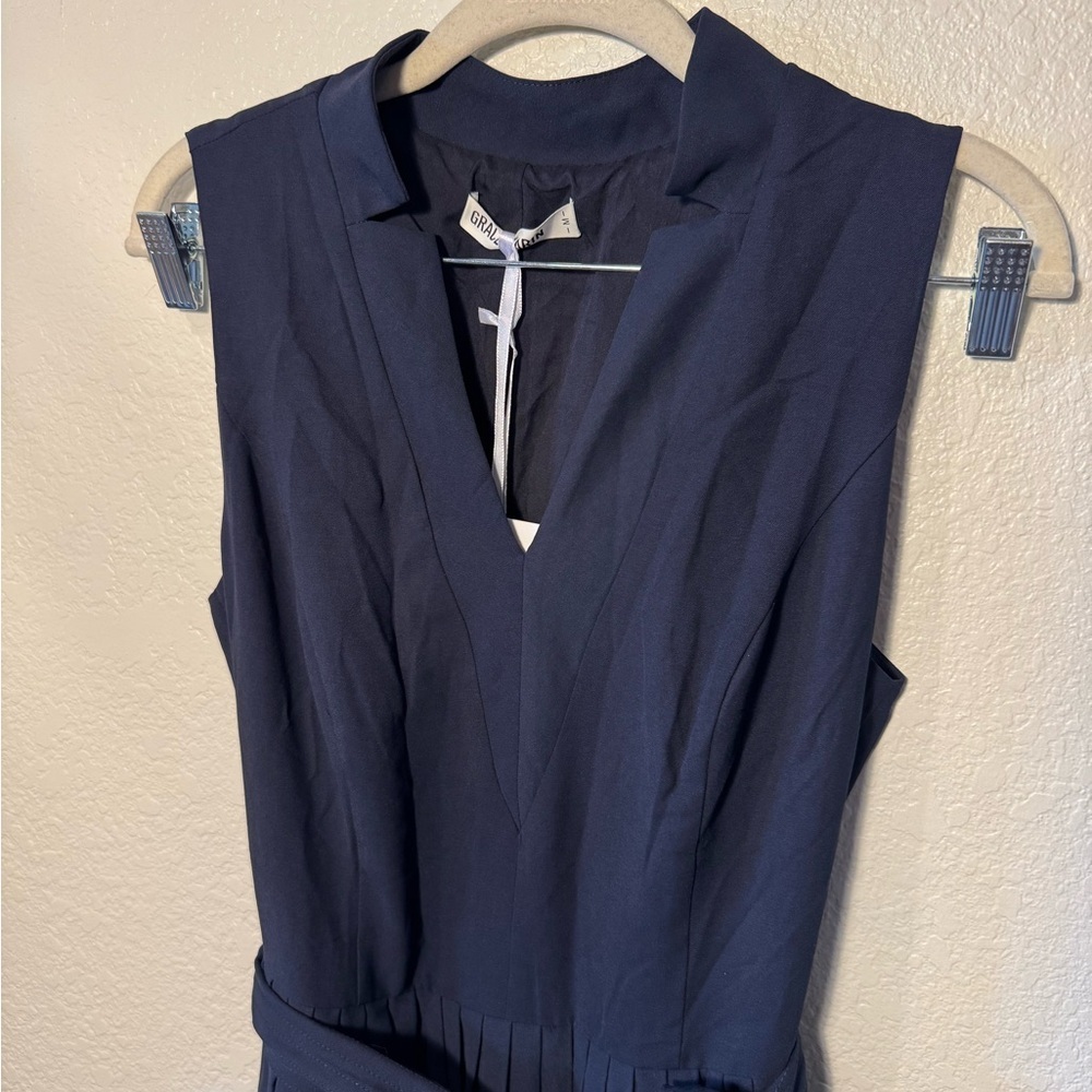 Grace Karin Navy Sleeveless V-Neck Pleated Chiffon Belted Mini Dress Size M NEW - Picture 3 of 7